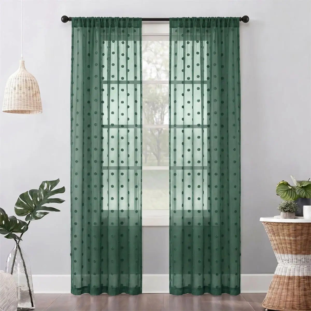 Dunkelgrüner Pompom-Schleier-Vorhang mit Stangeneinschub, 3D-Pom-Pom-Jacquard-Voile-Vorhang, lichtfilternd, weiches Polyester, waschbar, Sweet S