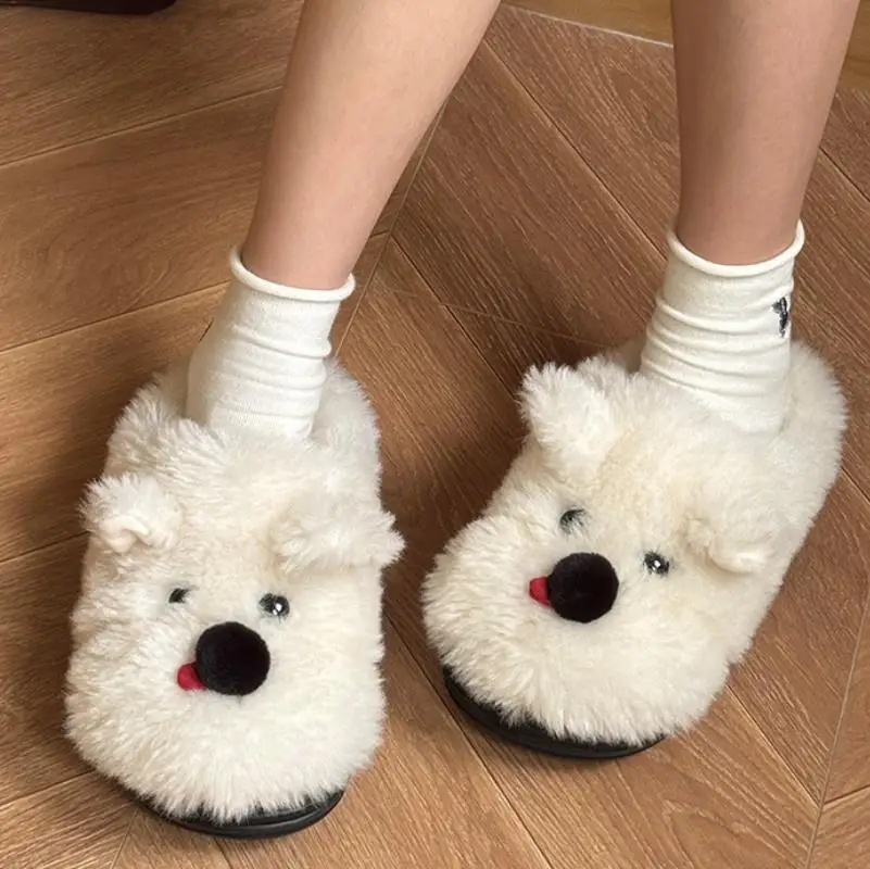 

Indoor Fluffy Slippers For Women Men Winter Warm Shoes Cute Cartoon Dog Soft Plush Anti-slip Couples Home Floor Cotton Slides