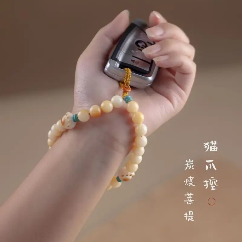 Handwoven Bodhi Root Bead Keychain Wrist Lanyard Anti Lost Cute Charcoal Cat Claw Pendant for Women Gifts