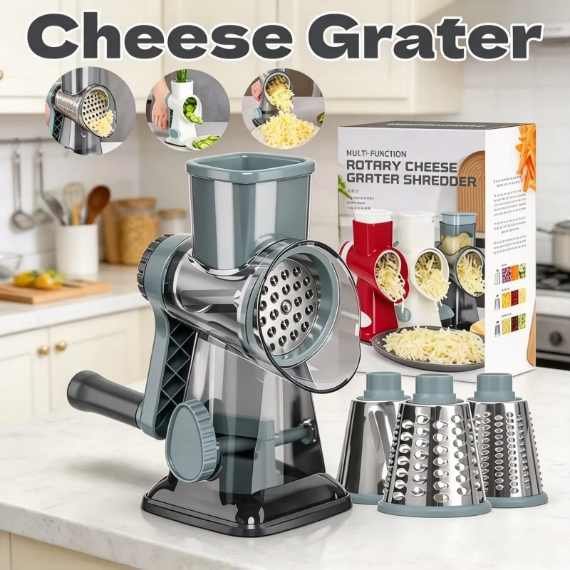 3-in-1 Rotary Cheese Grater & Vegetable Slicer - Food-Safe Plastic Kitchen Tool for Effortless Grating, Slicing - Easy Clean