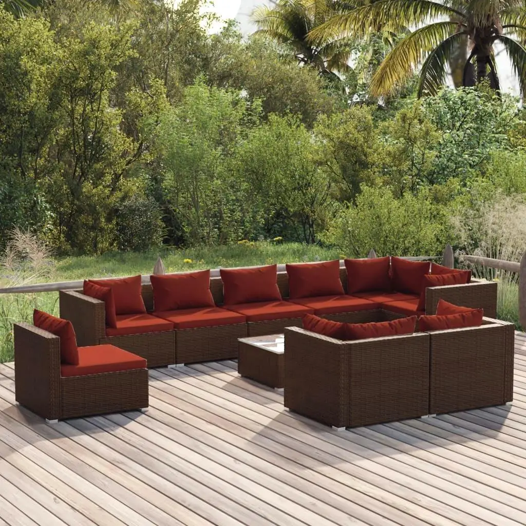 10-Piece Brown Poly Rattan Patio Lounge Set with Cushions for Outdoor Comfort