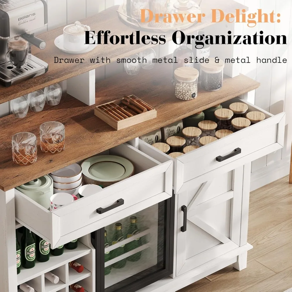 خزانة بار القهوة على طراز المزرعة مقاس 47 بوصة مع ثلاجة ورف النبيذ وحامل زجاجي وأدراج تخزين #6