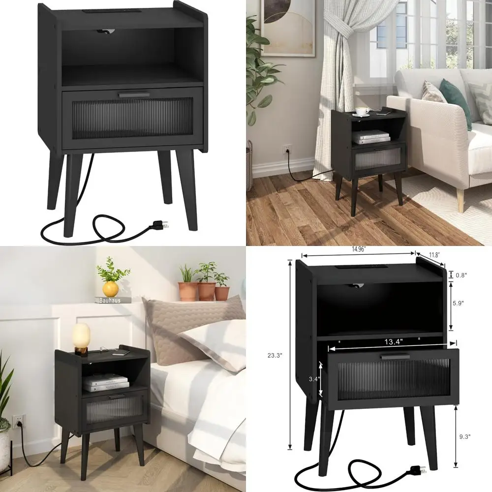 

Прикроватная тумбочка для зарядной станции с двухуровневым хранилищем, современная прикроватная тумбочка для спален и гостиных, компактный приставной столик Sol