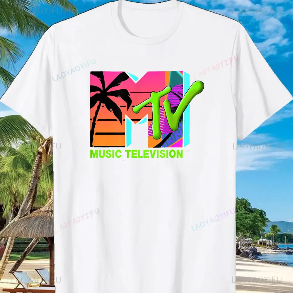 MTV Beach Island Logo Retro Graphic 100% Cotton T-shirt M-T-V Sunset Palm Tree Print Top Unisex T-shirts