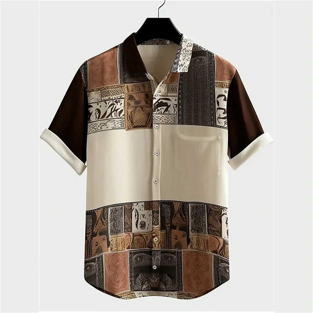 Men Tribal Shirt Short Sleeve Ethnic Bohemian Vintage Retro Patchwork Print Casual Summer Novelty Trendy Cool Fashion Edition