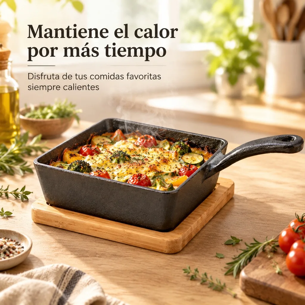 Poêle carrée en fonte avec base isolante en bambou, mini-casserole pour four et gaz 14x14x6,3cm, plat de rôtissage individuel pour servir chaud à table, style rustique