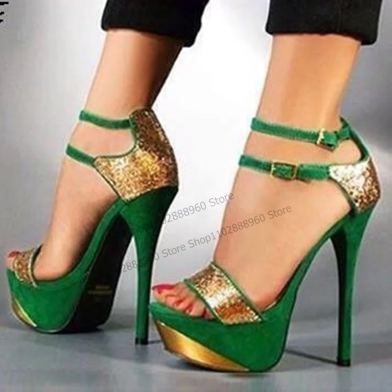 Mixed Color Platform Glitter Ankle Strap Sandals Thin High Heel Cover Heel Women Shoes Open Toe 2023 Fashion Zapatos Para Mujere