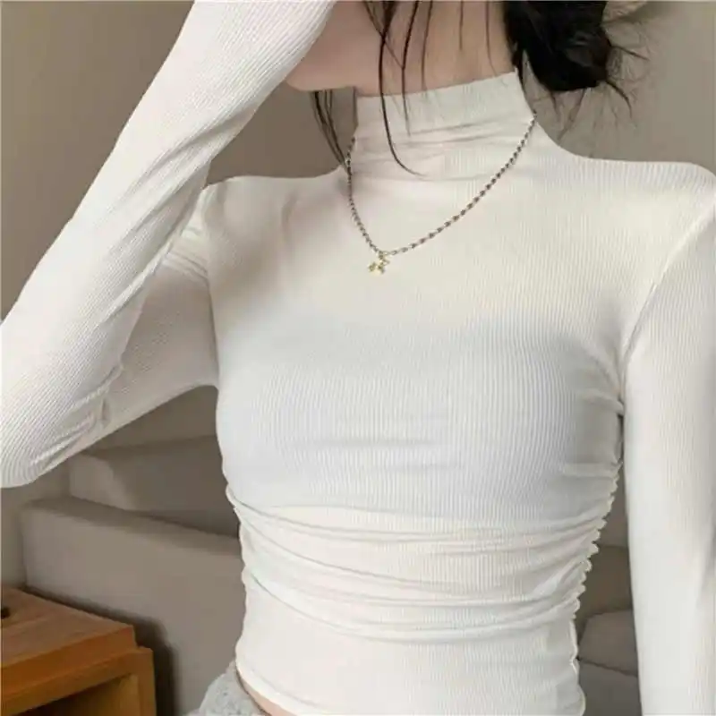 Half High Collar Long Sleeve T-shirts Women Autumn Simple Versatile Pullover Tops Solid Color Slim Bottoming Tees Female