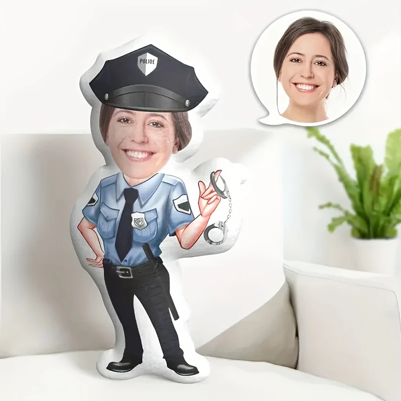 Custom Officer Plush Pillow- Dual-Sided Digital Print, Personalized Face& Body Design, Polyester Material, Couples, Birthdays, T