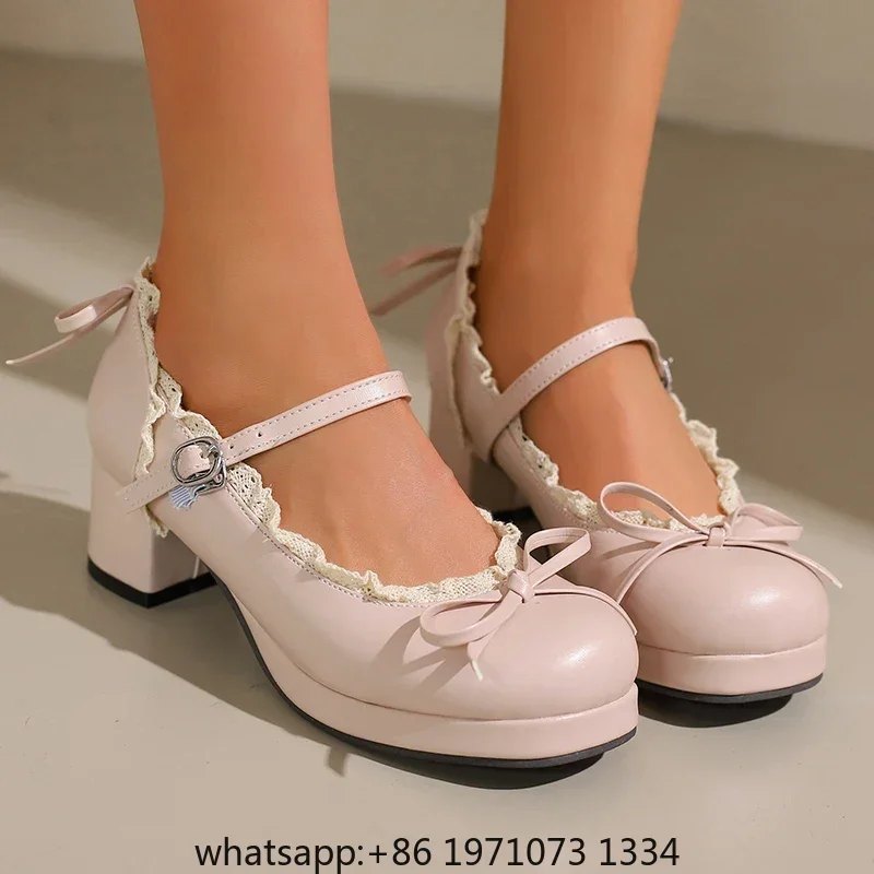 Women's Lolita Cosplay Mary Jane Pumps, Strap Platform Block Heel, Lace & Bow, Kawaii Vintage Dress Shoes Plus Size 31-50