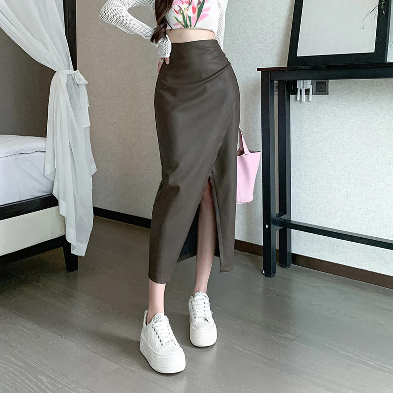 New Fashion High Waist Slit Leather Long Skirts Womens Autumn Winter Elegant Folds Package Hip Skirt Korean Ladies PU Midi Skirt