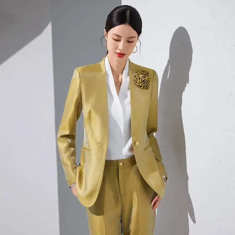 Pop feminino blazer calças define apliques de ouro duas peças 2024 outono trabalho wear calças formal cor sólida manga longa topos pantsui