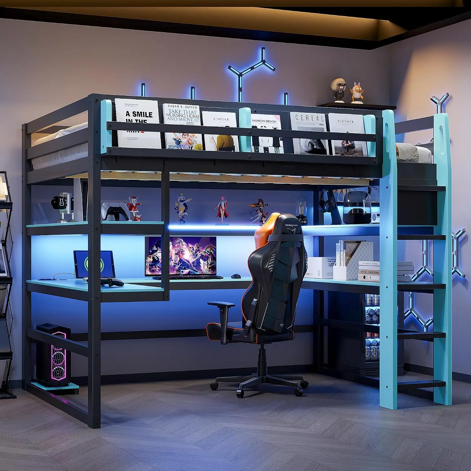 Wood Loft Bed with Desk Storage Rack Shelves RGB Light Full Size Blue, Customized