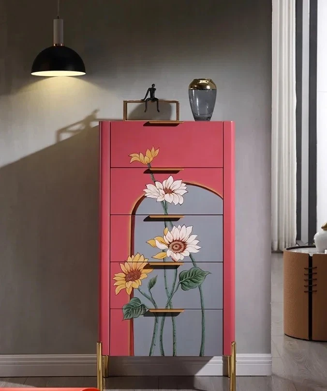 A  American Living Room Hand-Painted Curio Cabinet Solid Wood Simplicity Entrance Cabinet
