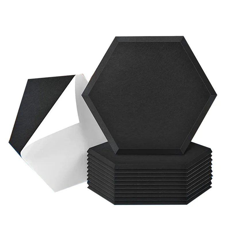 12 Pack Self Adhesive Acoustic Panels, 14 x 12 x 0.4inch Soundproof Panels, Hexagon Sound Absorbing Panels black