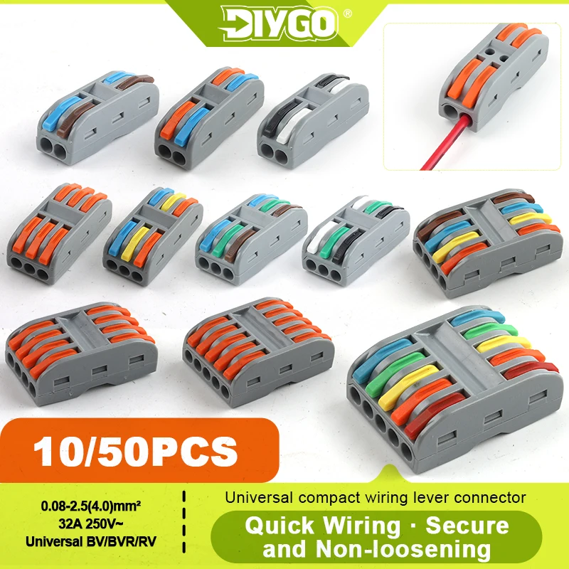 DIY GO 10/50PCS Universal Compact Wire Connector Push-in Lever Splice Terminal Block 2/3/4/5 Pin For Home LED Lighting Wiring