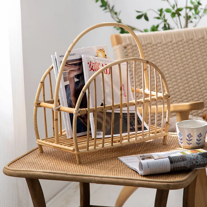 Nordic Style Wicker Magazine Rack Rattan Floor Storage Basket Bedroom Living Room Newspapers Holder