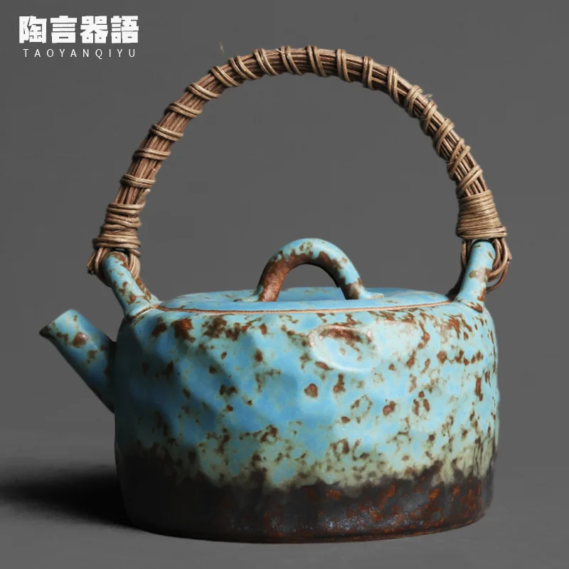 

Japanese-style ceramic hammer pattern boiling water ring handle boiling water teapot handmade rattan handle charcoal open fire c