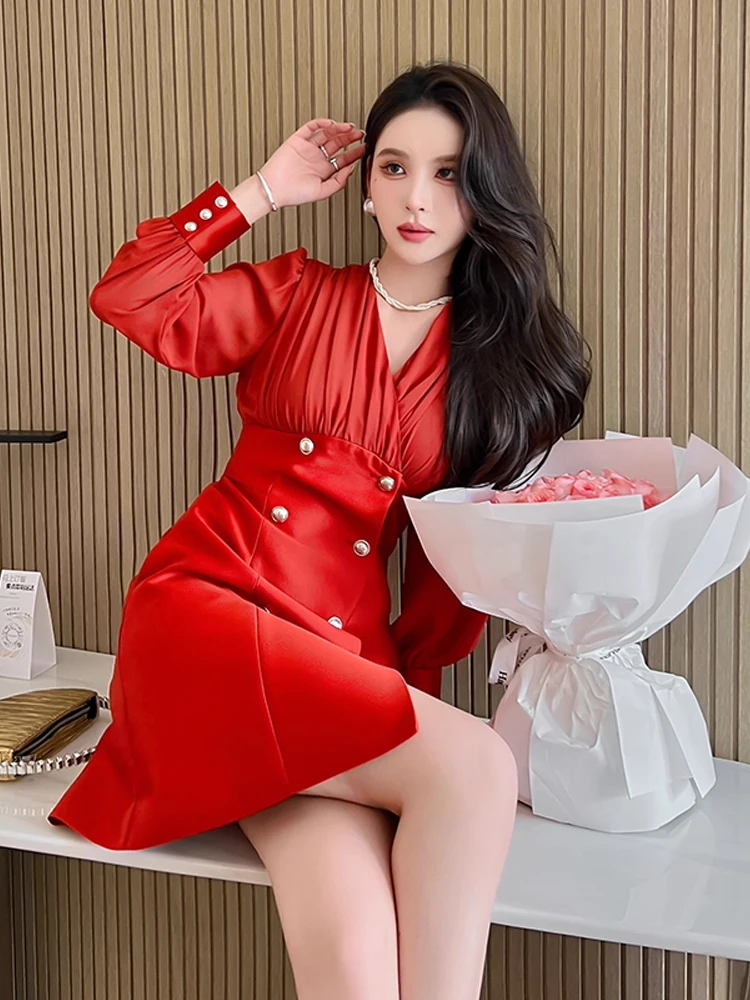 春秋のエレガントな女性のイブニングドレス高品質サテン気質フォーマルシックな V ネックスリムミニパーティープロム Mujer Vestidos