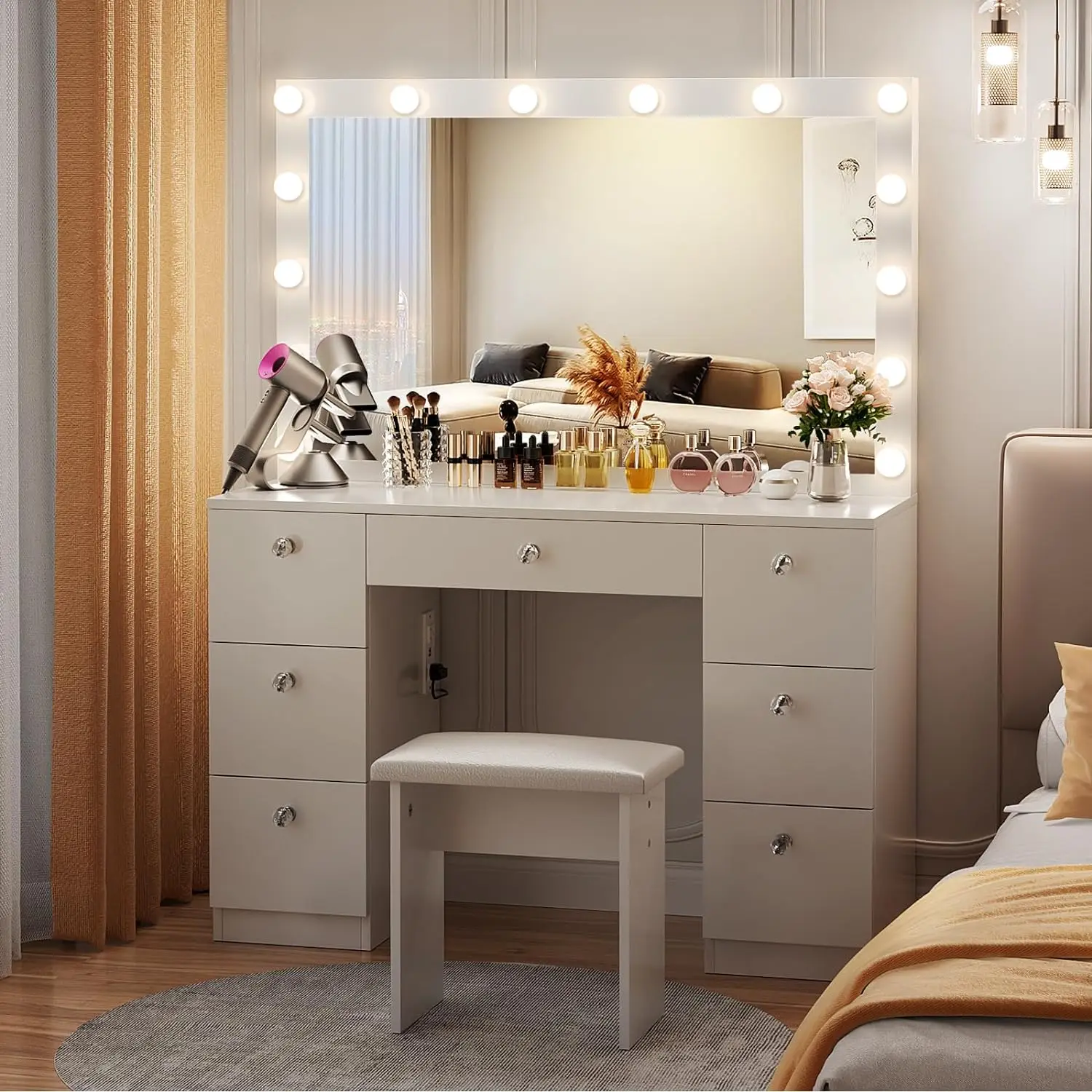 Vanity with Lighted Mirror - Makeup Vanity Desk with Mirror, Power Outlet and Drawers, Dressing Table With Color Lighting Modes