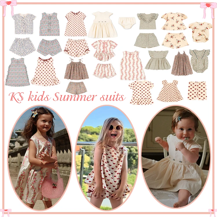 2026 Summer KS Girls Gauze Floral Cotton Dress Kids Clothes Flying Sleeve T Shirts Shorts Romper Suits Soft Breathable Vacation