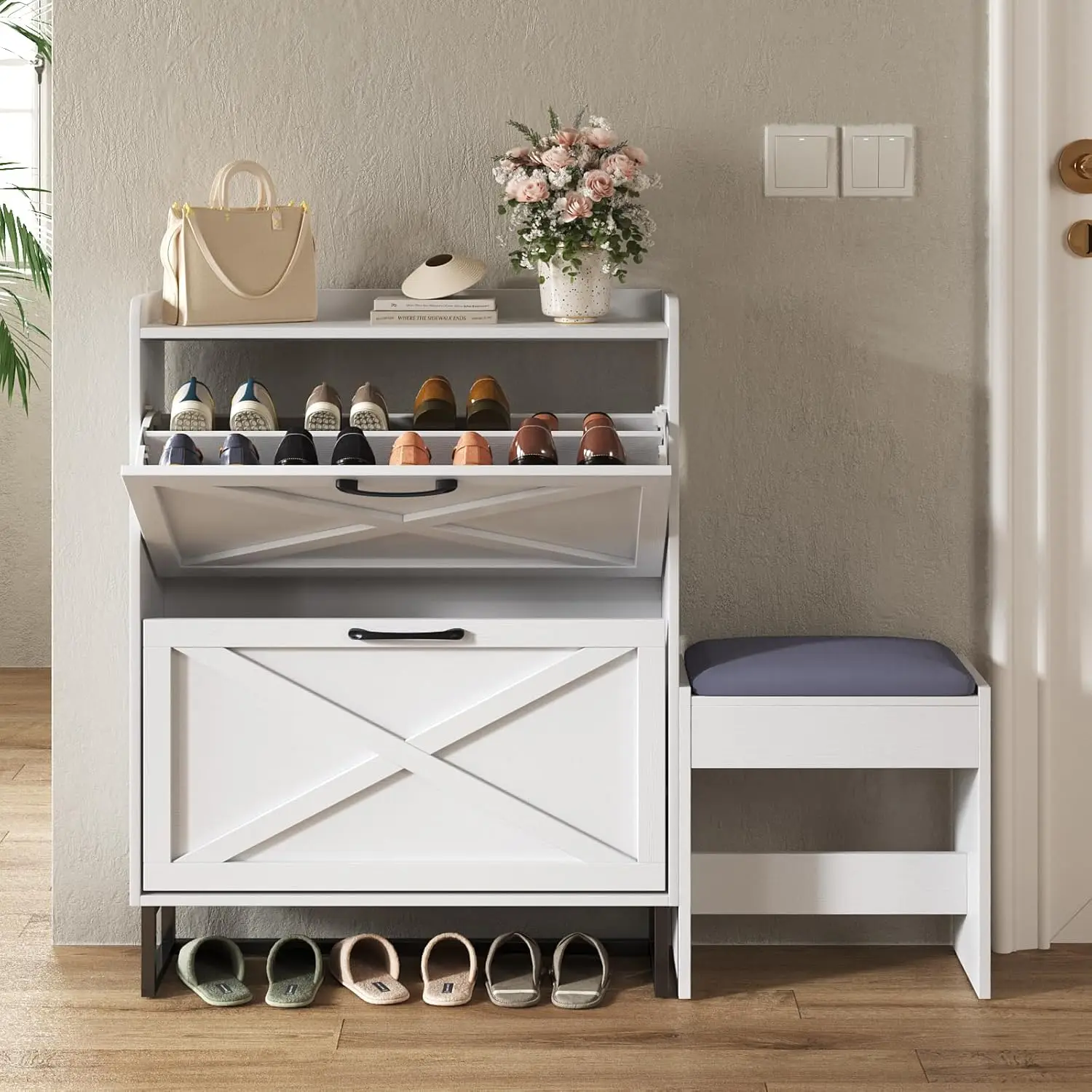 

Narrow Slim Farmhouse Shoe Storage Rack Cabinet Organizer Removable Shoe Bench with 2 Flip Drawers for Entryway