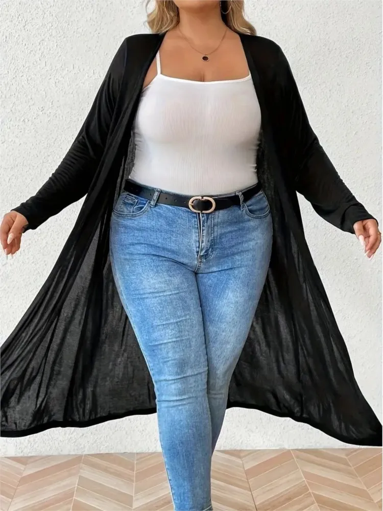 Casaco midi preto plissado de manga comprida feminino, decote em v, jaquetas soltas, moda casual, senhoras, plus size, outono