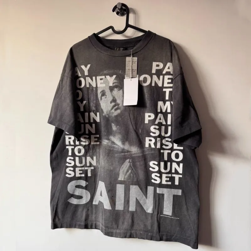 Vintage Streetwear Summer Saint Tshirts Women Prayer Vintage Black Letter Pattern Round Neck Short Sleeve Loose Men Tops Outfit