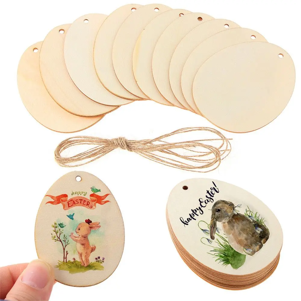 10/25/50Pcs Easter Egg Shape Wood Slices DIY Graffiti Painting Hanging Pendants Handcraft Wooden Ornament Easter Home Decor