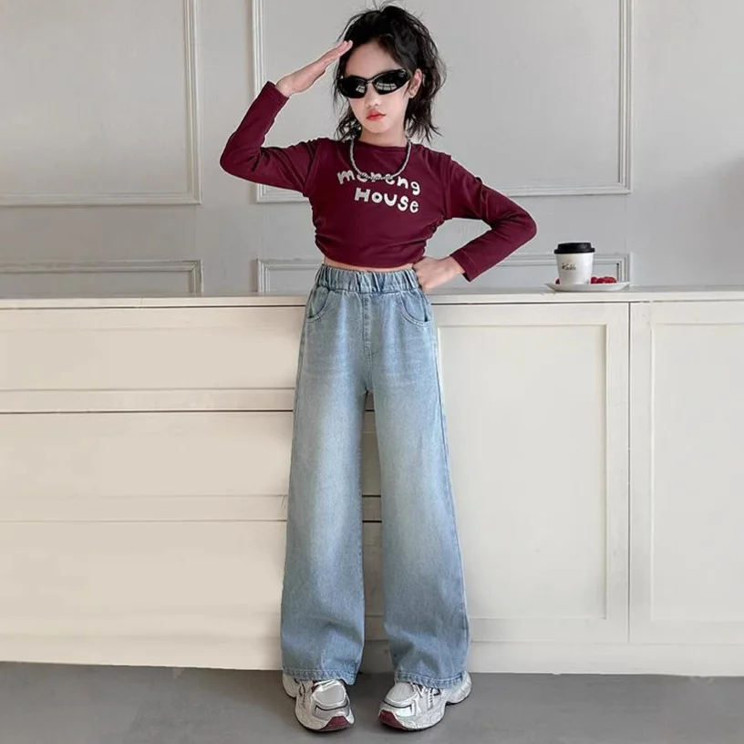 UNITIM Neue Teenager-Mädchen-Jeans mit Elastischem Bund Jugendliche Mädchen-Hosen Lässige Kinder-Mädchen-Jeans 3-12 Jahre Mädchen-Denim-Hose Jungen-Hose