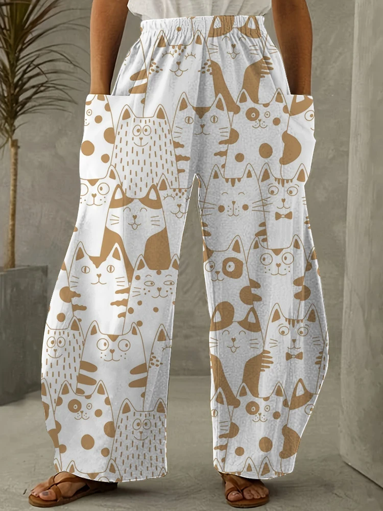 

Women's Casual Pants Plus Size Wide Leg Pants Retro Cat Print Street Style Elegant Women's Pants Sporty Women's Lantern Pants