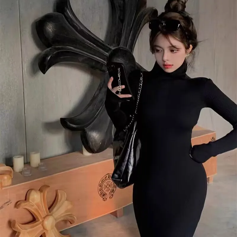 Turtleneck Black Dresses Women Solid Skinny Ladies Clothing Autumn Ankle-length Bodycon Long Sleeve Sexy Warm Fashion Trumpet