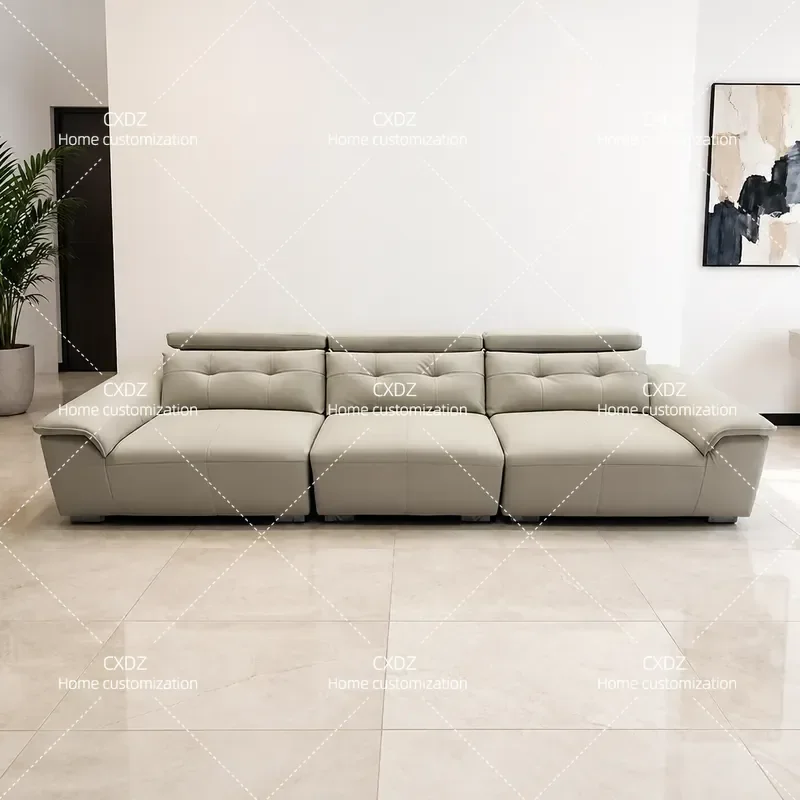 Modern Simple Leather Sofa 3 Seater Straight Row Living Room Furniture Household Economical Adjustable Headrest Couch