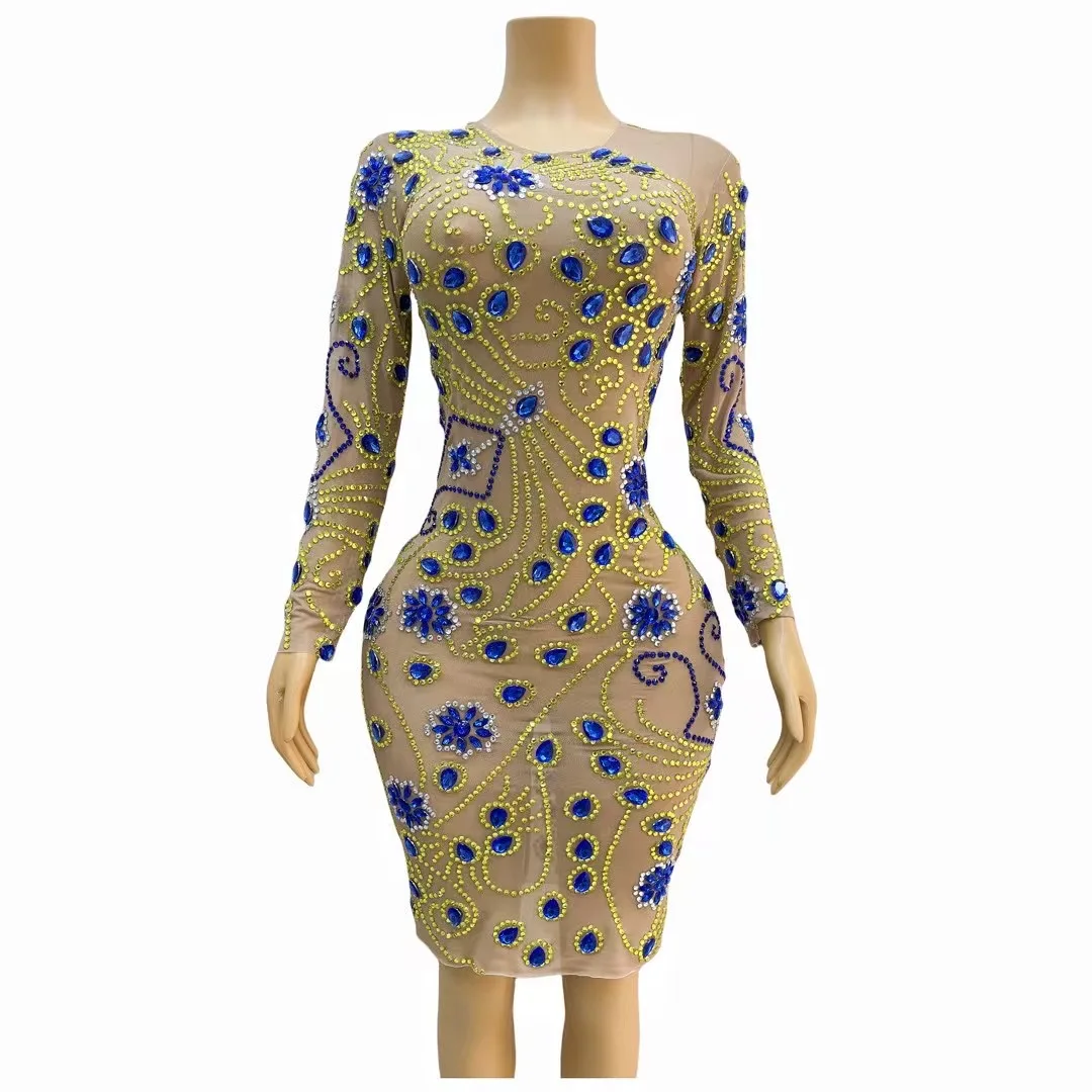 

Shining Birthday Celebrate Blue Gold Rhinestones Dress Singer Dance See Through Nude Mesh Stretch Outfit jinhua