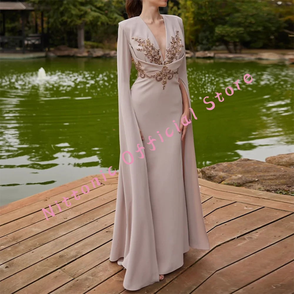 

Elegant Satin V-Neck Appliquins Long Sleeve Mermaid Mother Of Bride Wedding Dresses Bridal Gowns Customized