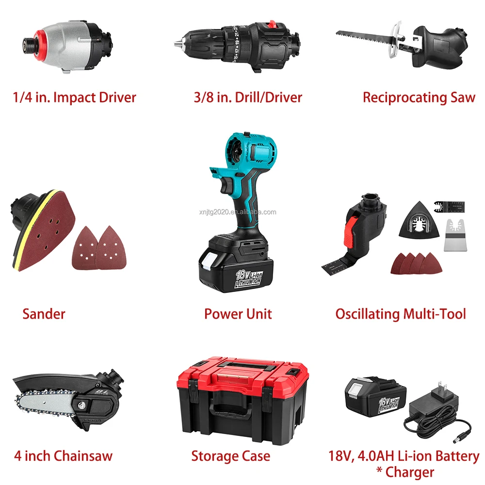 USA/EU/BR stock 6 In 1 Cordless Impact Drill Sander Reciprocating Saw 4 Inch Chainsaw Impact Driver Power Tool Sets For Garden