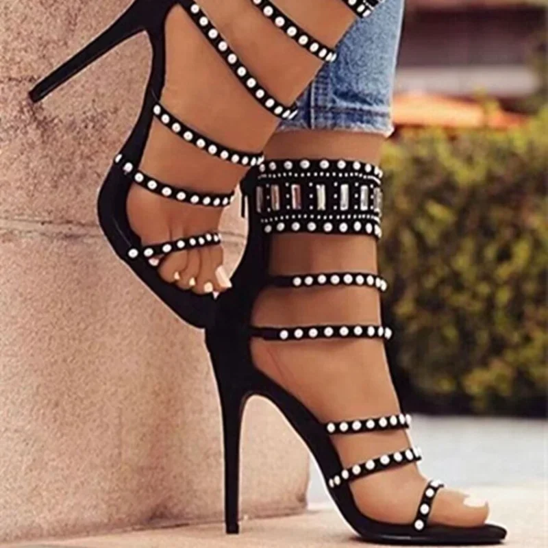 New Women Gladiator Sandals Sexy Open Toe Hot Diamond Pearl Ankle Band Wrap Back Zipper Cover Heels Thin HIgh Heel Roman Shoe