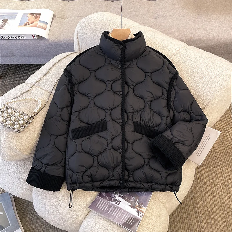 Autumn and winter short down cotton-padded jacket for women's round neck rhombus light cotton-padded jacket