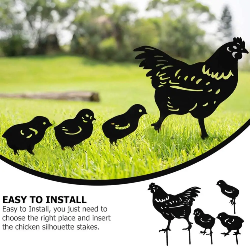 Black Chicken Garden Decorative Statues Hollow-Cut Metal Chicken Family Statues Animal Hen And Chicks Silhouette Plugins Lawns