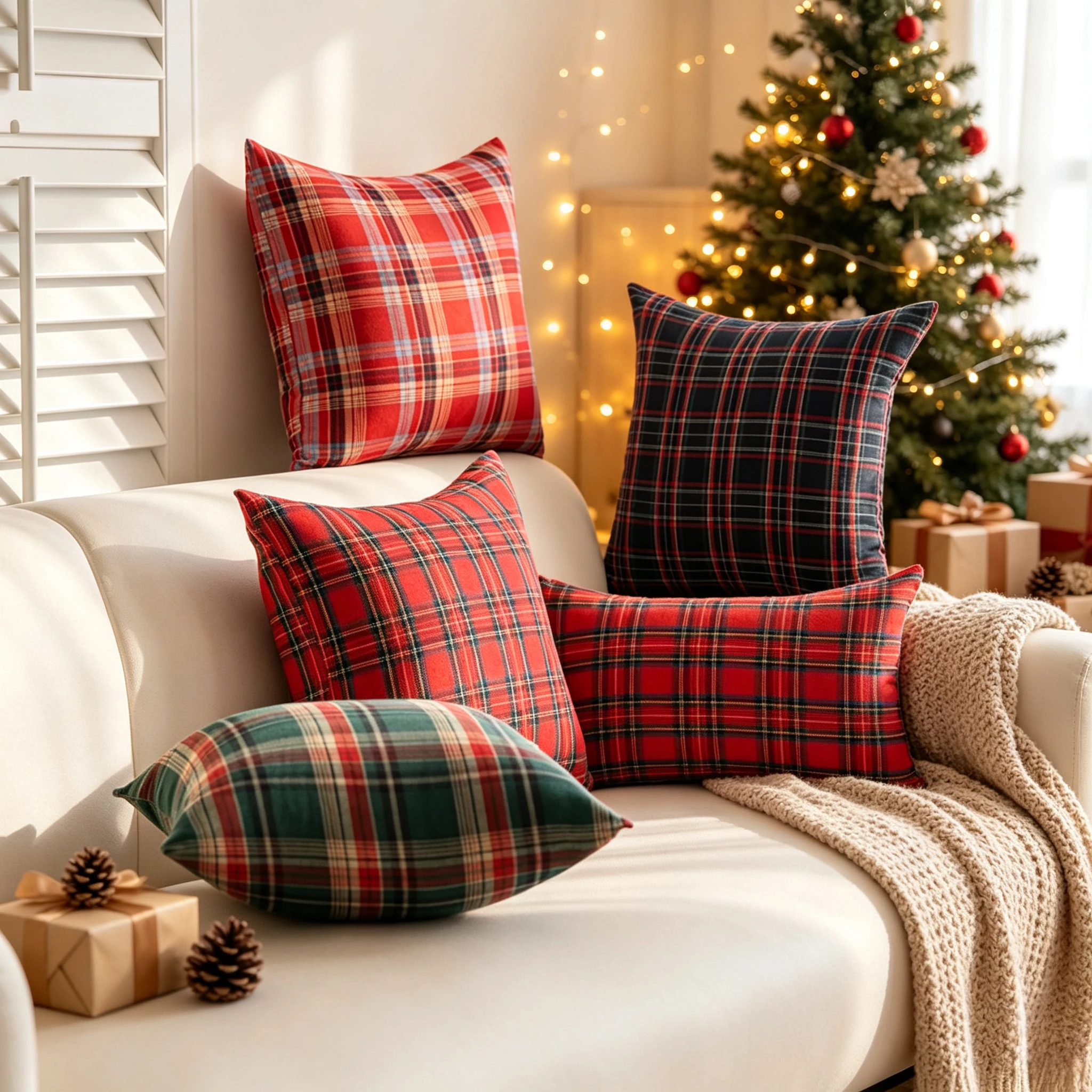 Christmas Plaid Decorative Throw Pillow Covers, Holiday Scottish Tartan Cushion Case for Home Sofa Couch Decorative Pillow Case