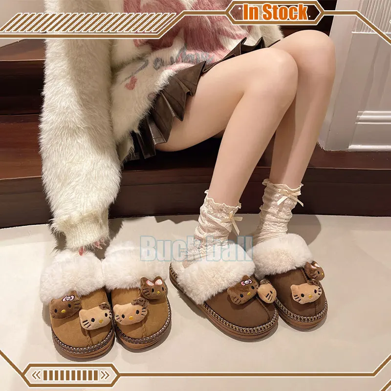 Sanrio Hello Kitty Plush Slippers Cute Cartoon Winter Fuzzy Kawaii Y2k Outdoor Antiskid Flat Slippers Warm Comfy Women Home Shoe