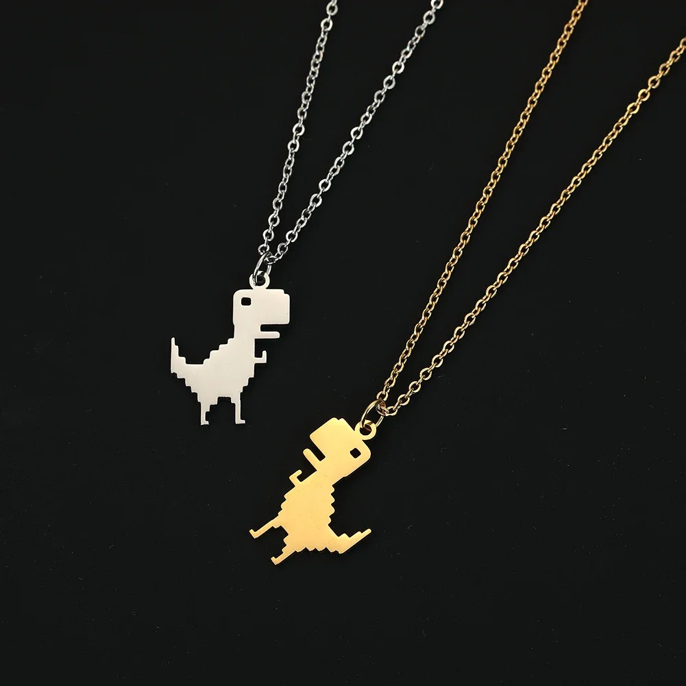 Building Block Dinosaur Necklace Stainless Steel Cute Monster Pendant Charm Funny Trendy Daily Jewelry Gift for Women Lover New