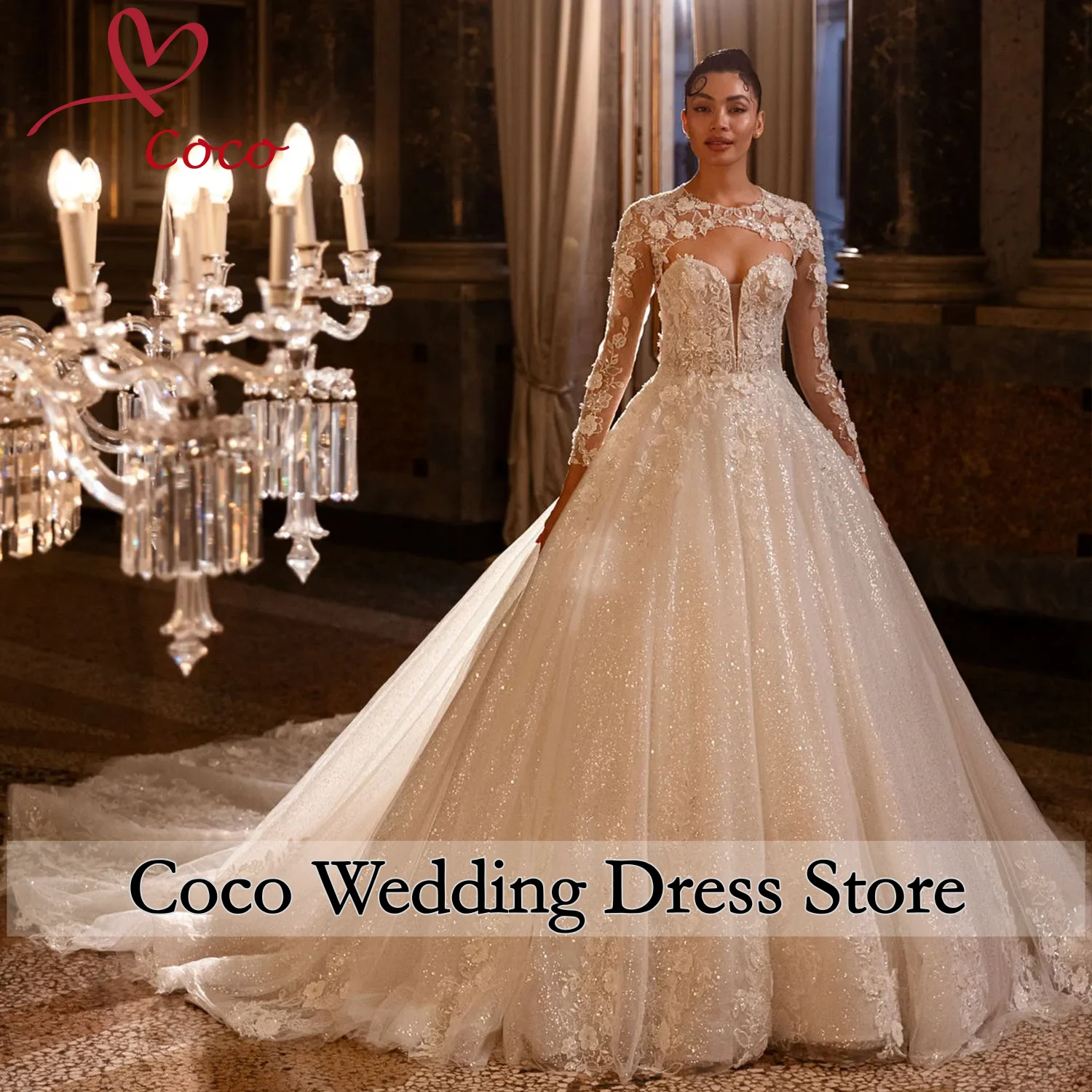 

Customized Detachable Long Sleeve Shawl Lace Up Back Full Beads Sequins Appliques 2 Pieces Shiny Ball Gown Wedding Dresses