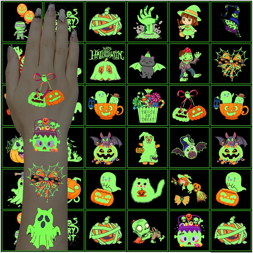 30pcs Luminous Temporary Tattoo Stickers for Halloween Party Gift Glow-In-The-Dark Temporary Tattoos For Hand Face Body Makeup