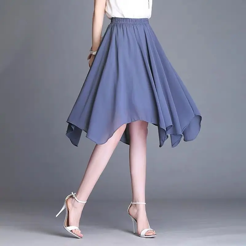 Black Pink Blue Purple  Women Elastic High Waist ruffle Asymmetric Skirts,  sweet sexy chiffon office skirts