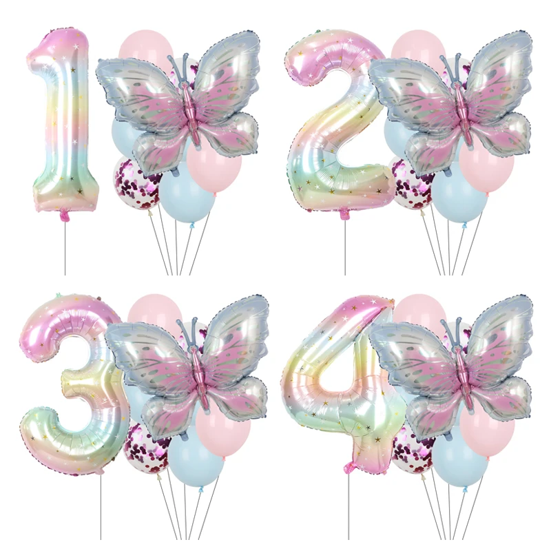 9pcs Purple Butterfly Balloons 38inch Starry Sky Number Balloon Kids Boys Girls Birthday Party Decorations Baby Show Party Decor