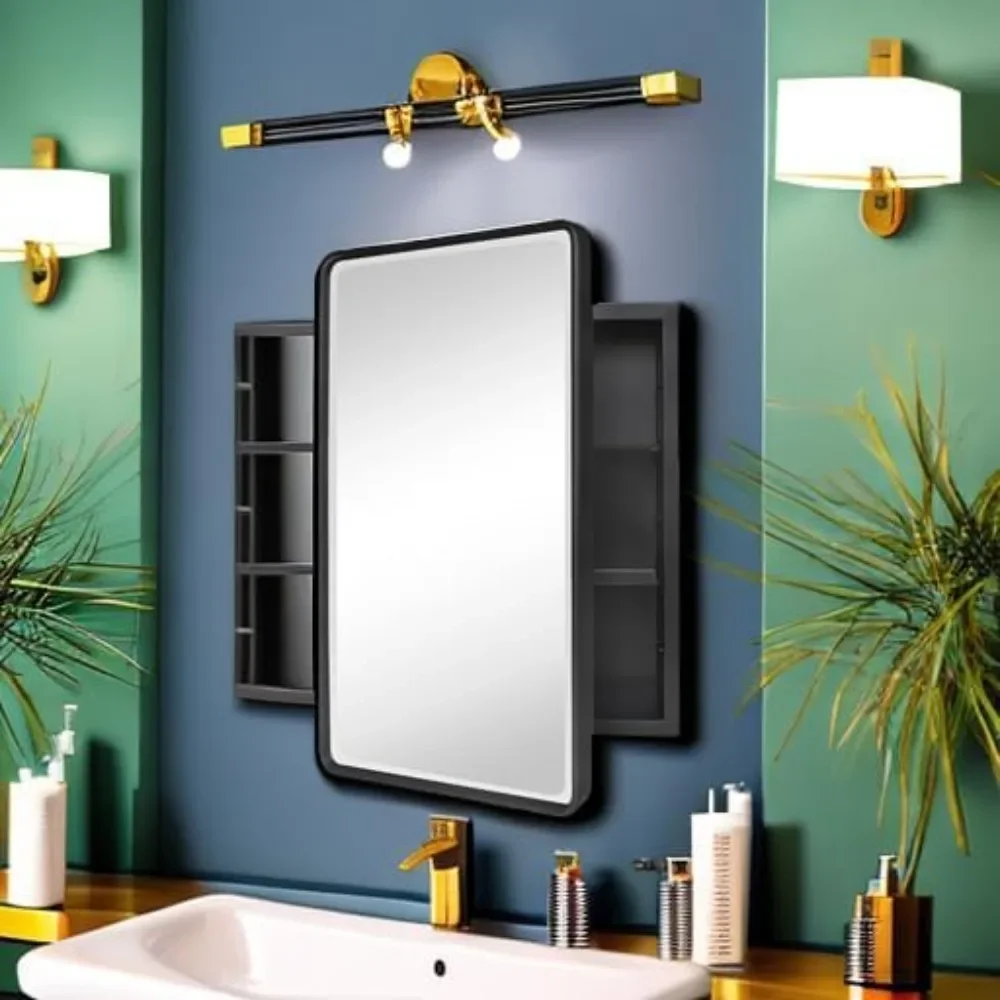 Farmhouse Black Metal Framed Recessed Bathroom Medicine Cabinet with Beveled Mirror Rounded Rectangle Bathroom Medicine Cabinet