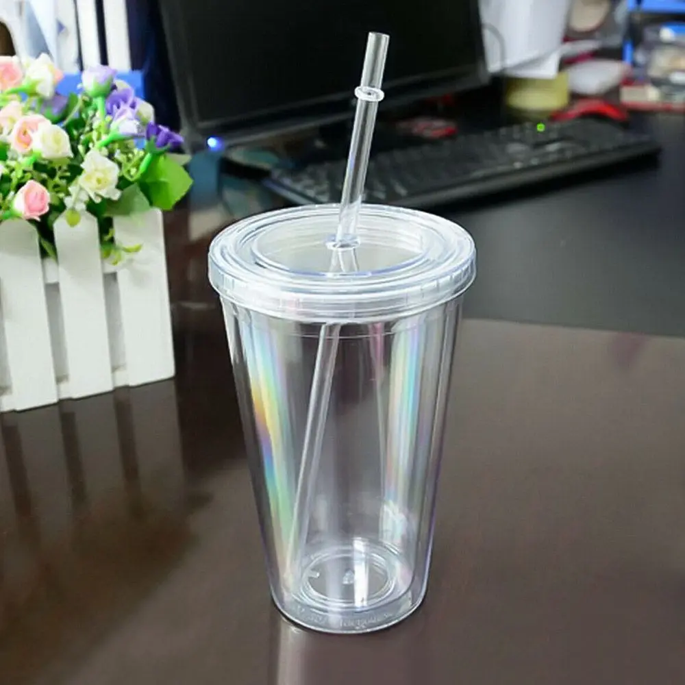 500ml Double-layer Plastic Portable Outdoor Reusable Drink Tea Milk Mug Water Bottle With Lid Straw Cup Drinking Cup