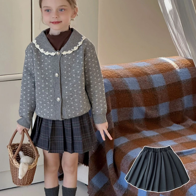 Girl Pleated Skirt 2024 Autumn New Simple All-Matching Plaid Anti-Exposure College Style Tide