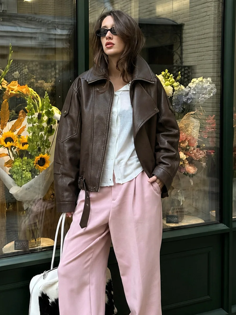 LIinar American-Style High-Street Design Notched Collar PU Leather Jacket 2026 Fall Winter Retro Oversized Trendy Leather Jacket
